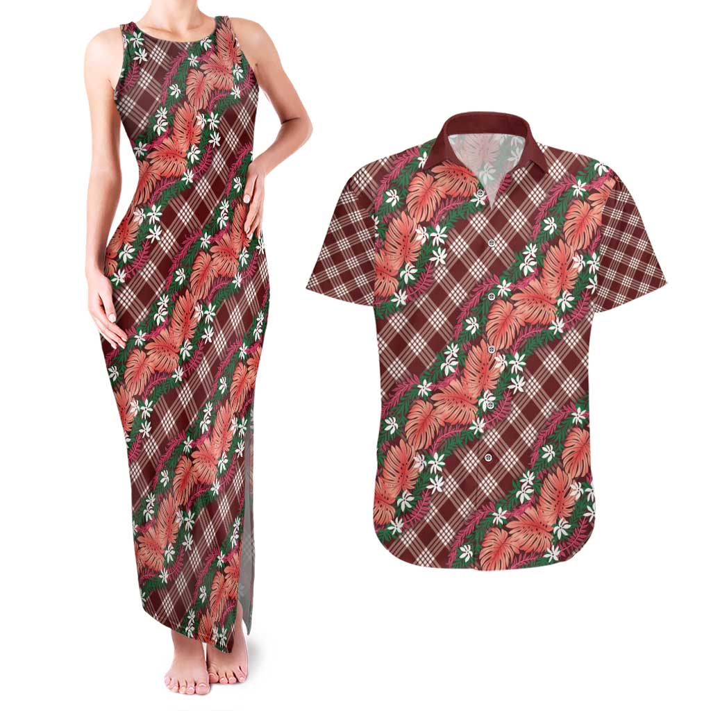 Polynesian Monstera Tiare Floral Couples Matching Tank Maxi Dress and Hawaiian Shirt Burgundy Tropical Plaid LT01 Red - Polynesian Pride