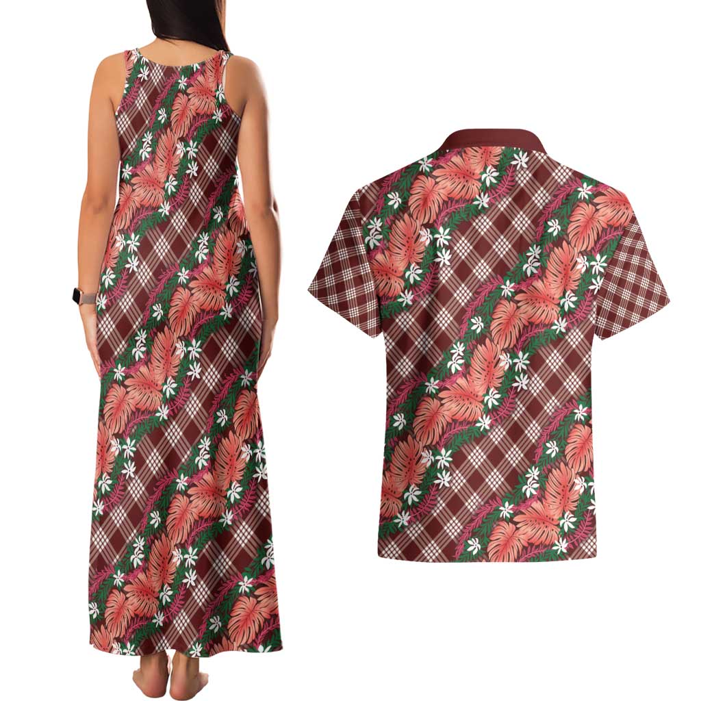 Polynesian Monstera Tiare Floral Couples Matching Tank Maxi Dress and Hawaiian Shirt Burgundy Tropical Plaid LT01 - Polynesian Pride