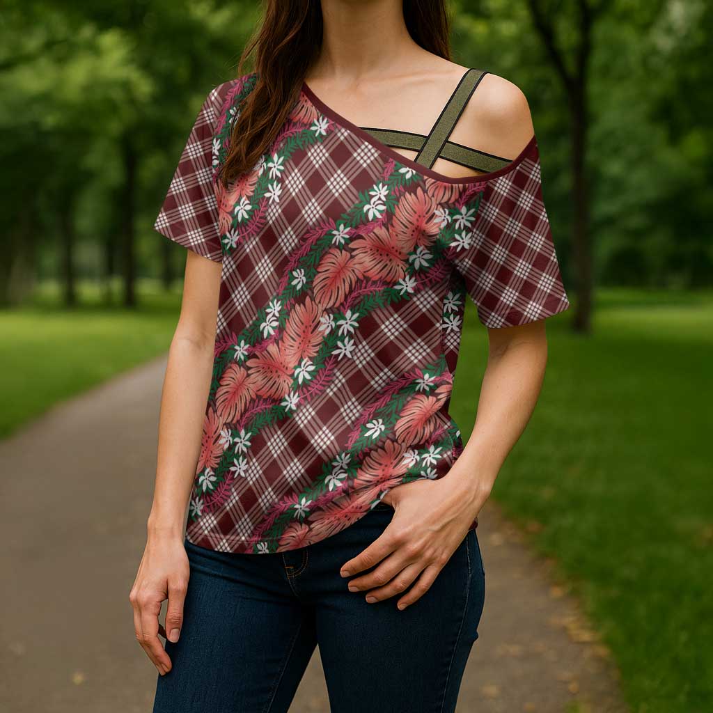 Polynesian Monstera Tiare Floral Cross Shoulder Shirt Burgundy Tropical Plaid - Polynesian Pride
