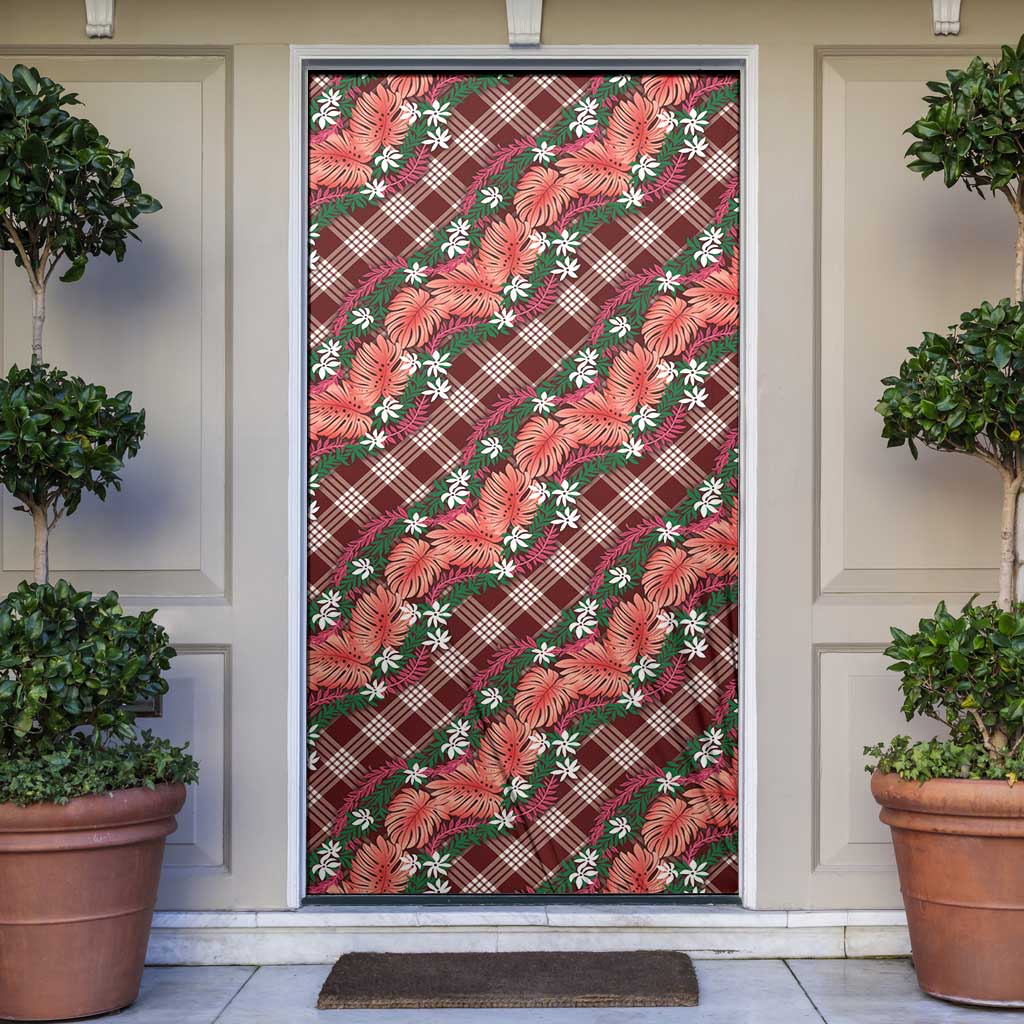 Polynesian Monstera Tiare Floral Door Cover Burgundy Tropical Plaid - Polynesian Pride