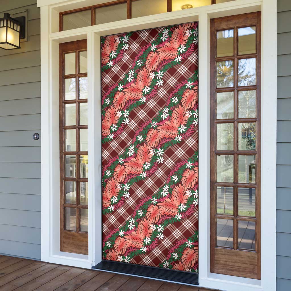Polynesian Monstera Tiare Floral Door Cover Burgundy Tropical Plaid - Polynesian Pride
