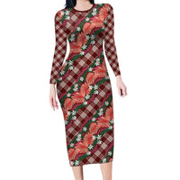 Polynesian Monstera Tiare Floral Family Matching Long Sleeve Bodycon Dress and Hawaiian Shirt Burgundy Tropical Plaid LT01 Mom's Dress Red - Polynesian Pride
