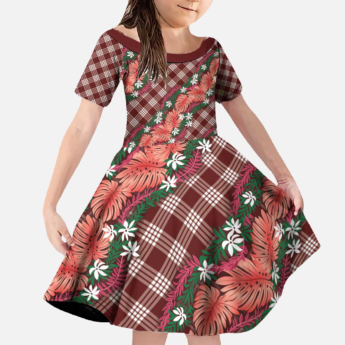 Polynesian Monstera Tiare Floral Family Matching Off The Shoulder Long Sleeve Dress and Hawaiian Shirt Burgundy Tropical Plaid LT01 Daughter's Dress Red - Polynesian Pride