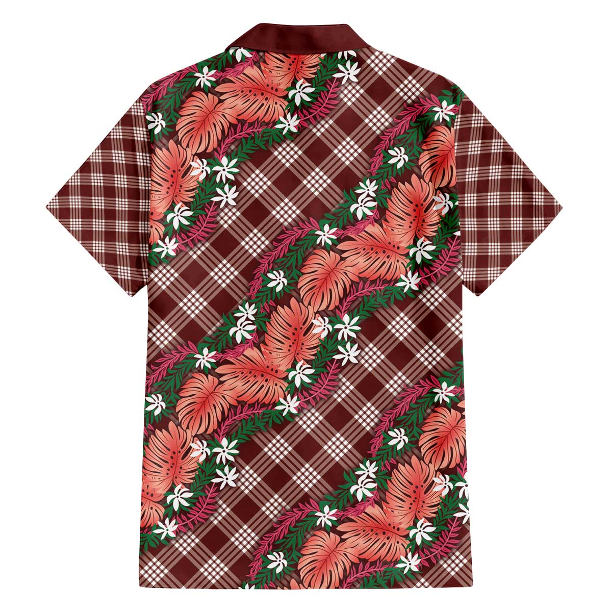 Polynesian Monstera Tiare Floral Family Matching Off The Shoulder Long Sleeve Dress and Hawaiian Shirt Burgundy Tropical Plaid LT01 - Polynesian Pride
