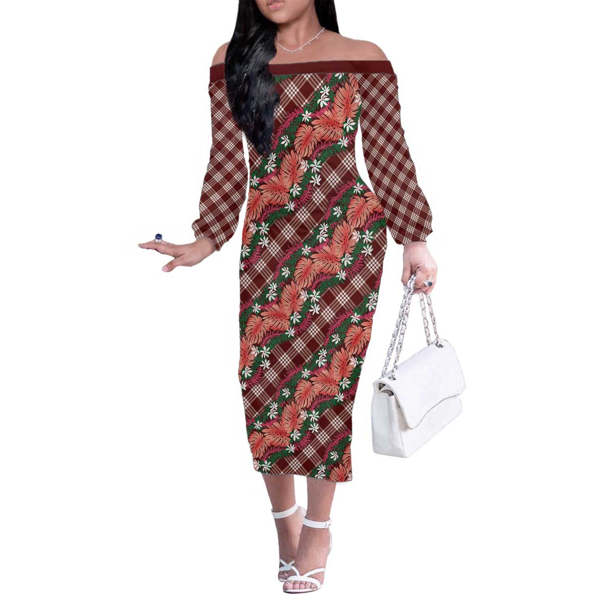 Polynesian Monstera Tiare Floral Family Matching Off The Shoulder Long Sleeve Dress and Hawaiian Shirt Burgundy Tropical Plaid LT01 Mom's Dress Red - Polynesian Pride