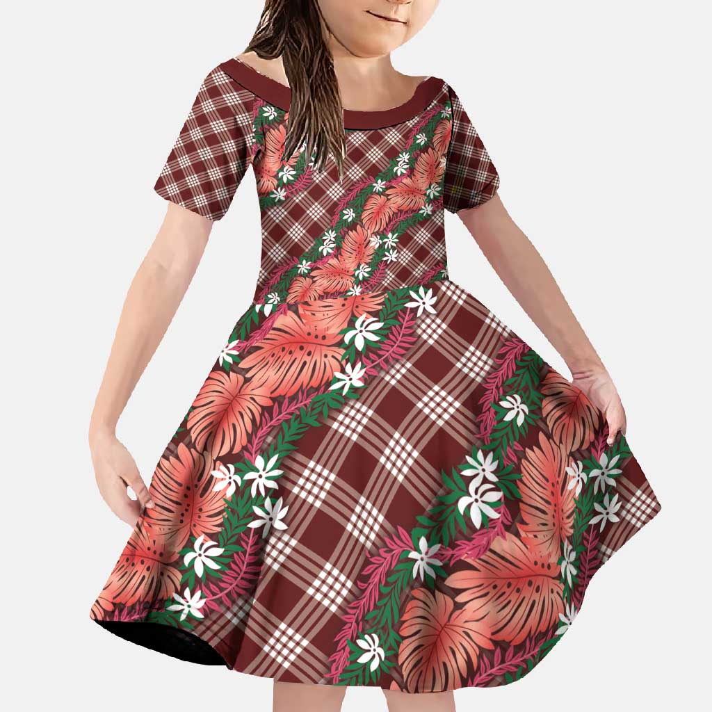 Polynesian Monstera Tiare Floral Family Matching Off Shoulder Maxi Dress and Hawaiian Shirt Burgundy Tropical Plaid LT01 Daughter's Dress Red - Polynesian Pride