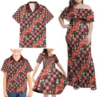 Polynesian Monstera Tiare Floral Family Matching Off Shoulder Maxi Dress and Hawaiian Shirt Burgundy Tropical Plaid LT01 - Polynesian Pride