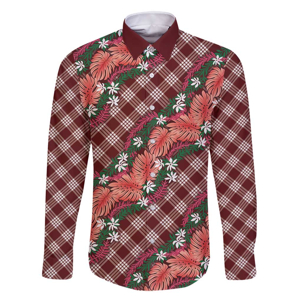 Polynesian Monstera Tiare Floral Family Matching Off Shoulder Maxi Dress and Hawaiian Shirt Burgundy Tropical Plaid LT01 Dad's Shirt - Long Sleeve Red - Polynesian Pride