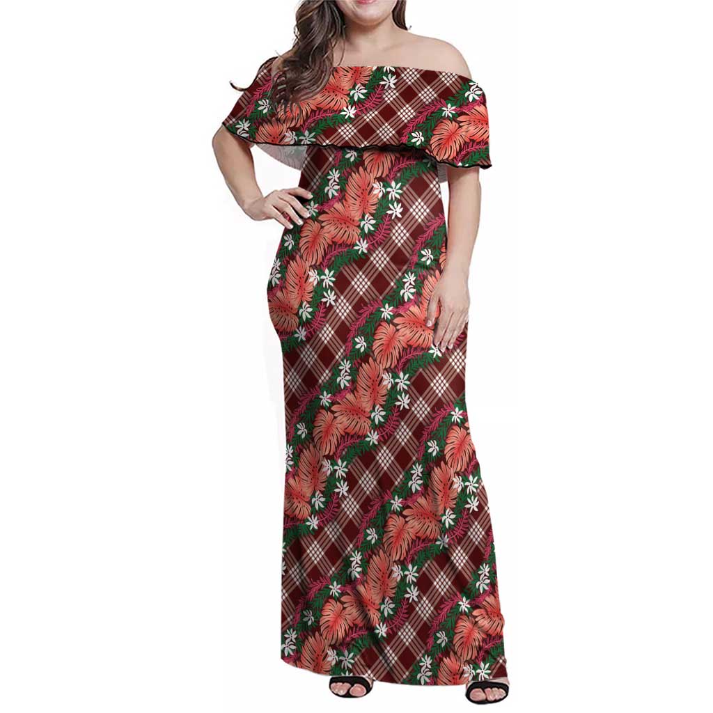 Polynesian Monstera Tiare Floral Family Matching Off Shoulder Maxi Dress and Hawaiian Shirt Burgundy Tropical Plaid LT01 Mom's Dress Red - Polynesian Pride