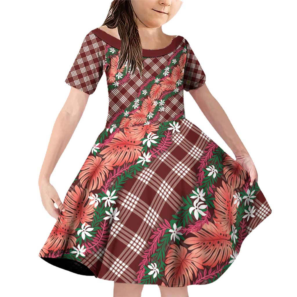 Polynesian Monstera Tiare Floral Family Matching Off Shoulder Short Dress and Hawaiian Shirt Burgundy Tropical Plaid LT01 Daughter's Dress Red - Polynesian Pride