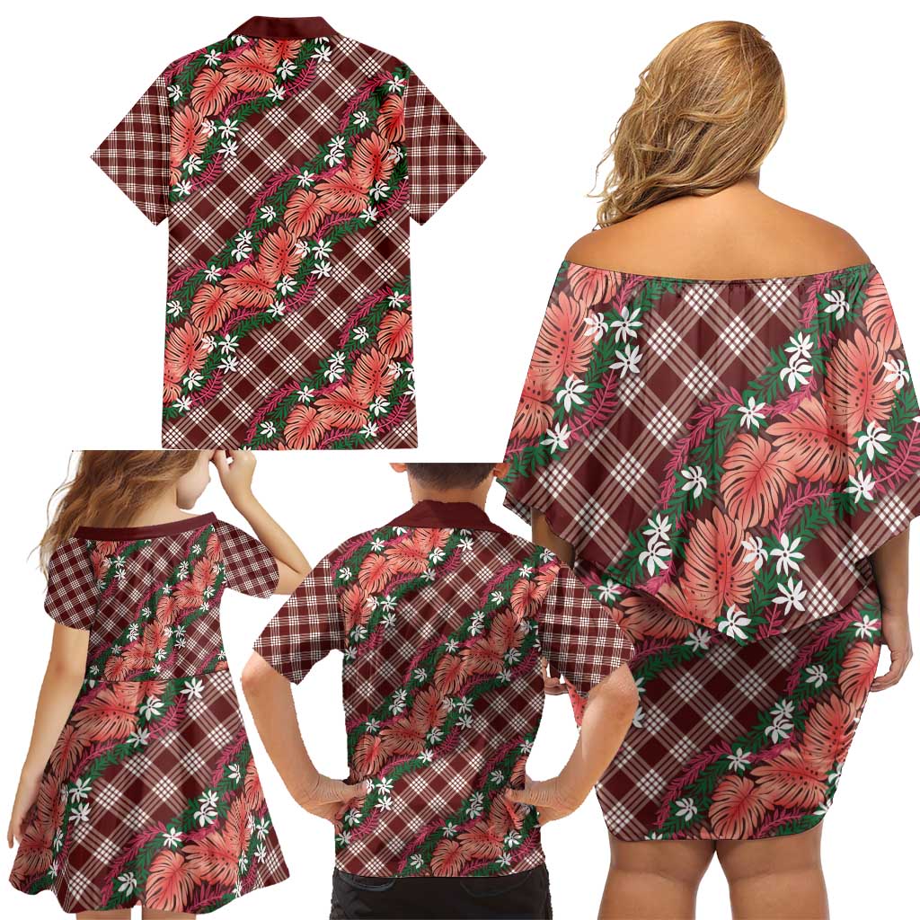 Polynesian Monstera Tiare Floral Family Matching Off Shoulder Short Dress and Hawaiian Shirt Burgundy Tropical Plaid LT01 - Polynesian Pride
