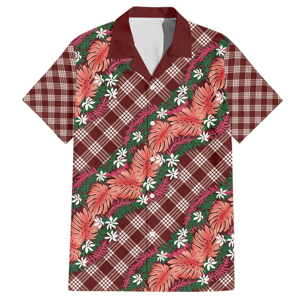 Polynesian Monstera Tiare Floral Family Matching Off Shoulder Short Dress and Hawaiian Shirt Burgundy Tropical Plaid LT01 Dad's Shirt - Short Sleeve Red - Polynesian Pride