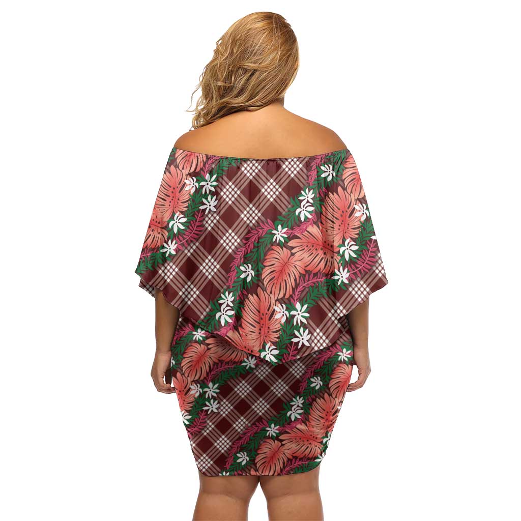 Polynesian Monstera Tiare Floral Family Matching Off Shoulder Short Dress and Hawaiian Shirt Burgundy Tropical Plaid LT01 - Polynesian Pride