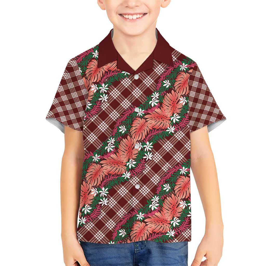 Polynesian Monstera Tiare Floral Family Matching Off Shoulder Short Dress and Hawaiian Shirt Burgundy Tropical Plaid LT01 Son's Shirt Red - Polynesian Pride
