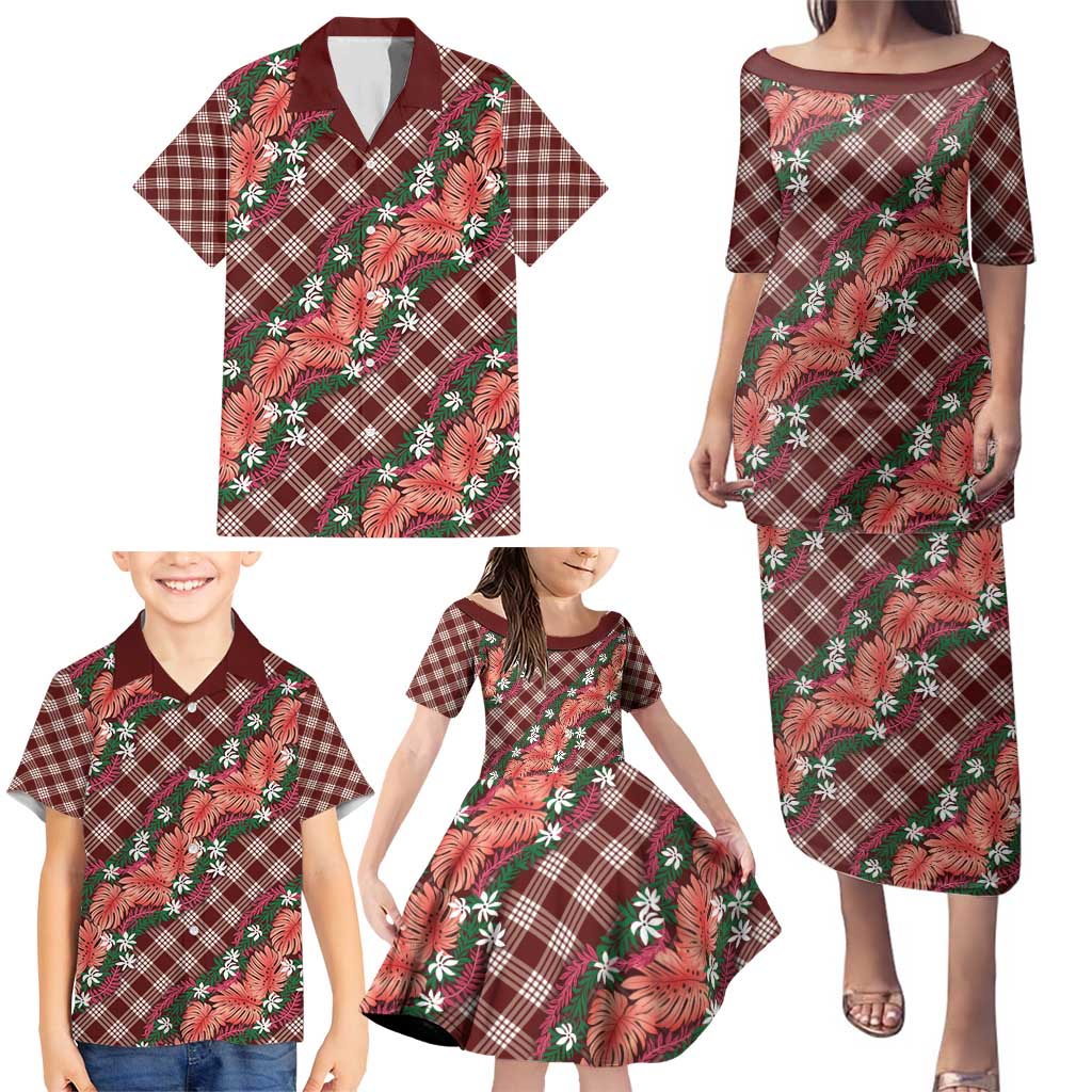 Polynesian Monstera Tiare Floral Family Matching Puletasi and Hawaiian Shirt Burgundy Tropical Plaid LT01 - Polynesian Pride