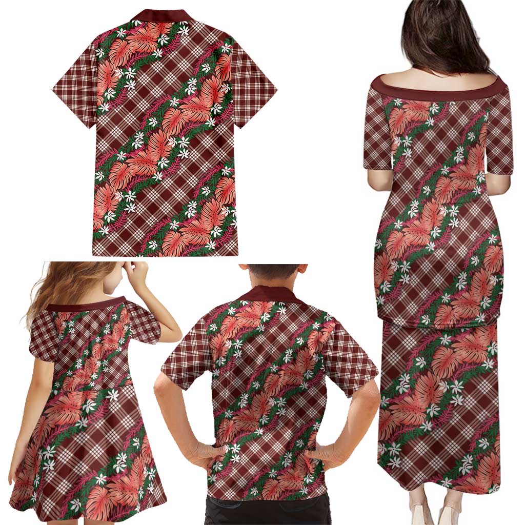 Polynesian Monstera Tiare Floral Family Matching Puletasi and Hawaiian Shirt Burgundy Tropical Plaid LT01 - Polynesian Pride