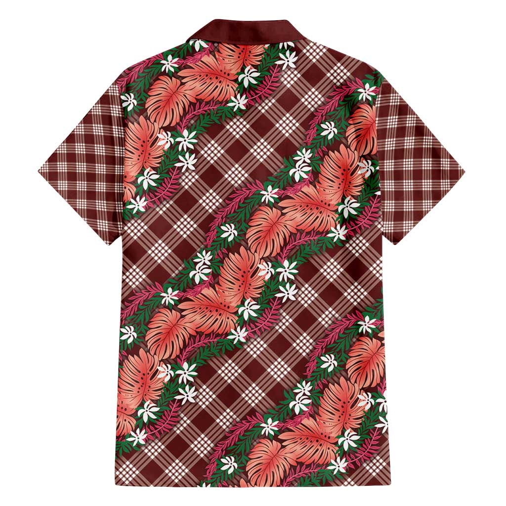 Polynesian Monstera Tiare Floral Family Matching Puletasi and Hawaiian Shirt Burgundy Tropical Plaid LT01 - Polynesian Pride