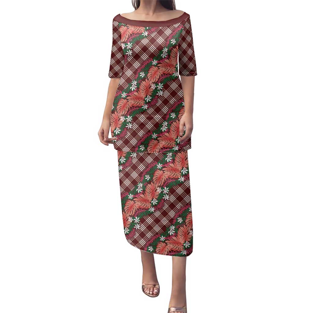 Polynesian Monstera Tiare Floral Family Matching Puletasi and Hawaiian Shirt Burgundy Tropical Plaid LT01 Mom's Dress Red - Polynesian Pride