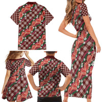 Polynesian Monstera Tiare Floral Family Matching Short Sleeve Bodycon Dress and Hawaiian Shirt Burgundy Tropical Plaid LT01 - Polynesian Pride