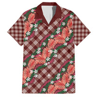 Polynesian Monstera Tiare Floral Family Matching Short Sleeve Bodycon Dress and Hawaiian Shirt Burgundy Tropical Plaid LT01 Dad's Shirt - Short Sleeve Red - Polynesian Pride