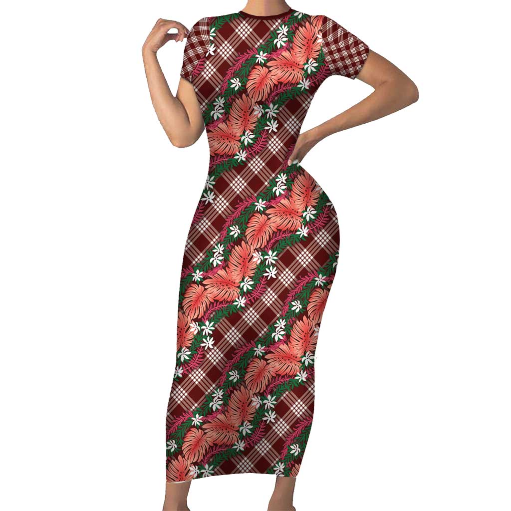 Polynesian Monstera Tiare Floral Family Matching Short Sleeve Bodycon Dress and Hawaiian Shirt Burgundy Tropical Plaid LT01 Mom's Dress Red - Polynesian Pride