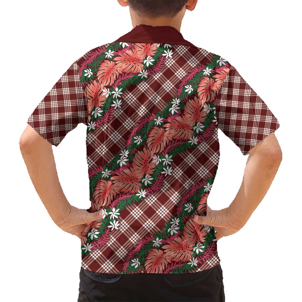 Polynesian Monstera Tiare Floral Family Matching Summer Maxi Dress and Hawaiian Shirt Burgundy Tropical Plaid LT01 - Polynesian Pride