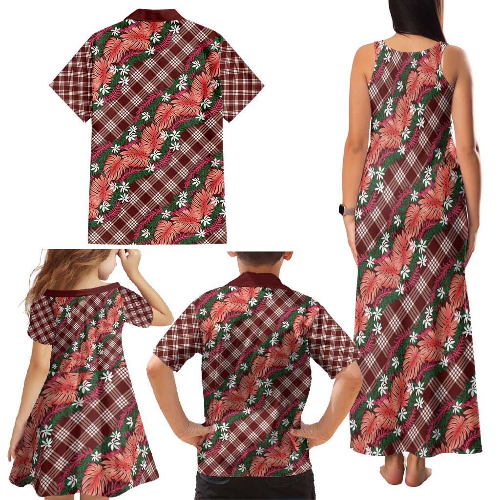 Polynesian Monstera Tiare Floral Family Matching Tank Maxi Dress and Hawaiian Shirt Burgundy Tropical Plaid LT01 - Polynesian Pride