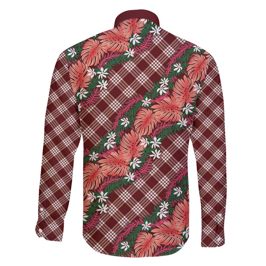 Polynesian Monstera Tiare Floral Family Matching Tank Maxi Dress and Hawaiian Shirt Burgundy Tropical Plaid LT01 - Polynesian Pride