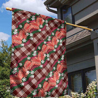 Polynesian Monstera Tiare Floral Garden Flag Burgundy Tropical Plaid - Polynesian Pride