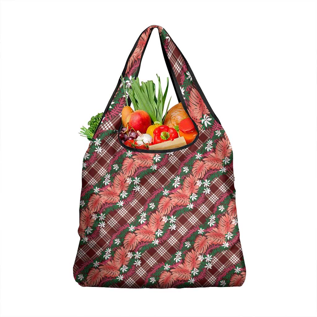Polynesian Monstera Tiare Floral Grocery Bag Burgundy Tropical Plaid LT01 1-pack One Size Red - Polynesian Pride