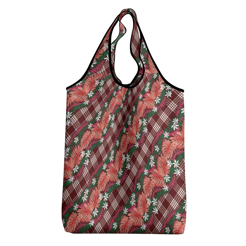 Polynesian Monstera Tiare Floral Grocery Bag Burgundy Tropical Plaid - Polynesian Pride