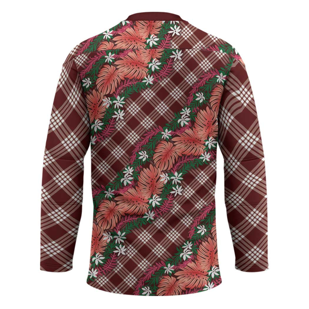 Polynesian Monstera Tiare Floral Hockey Jersey Burgundy Tropical Plaid - Polynesian Pride