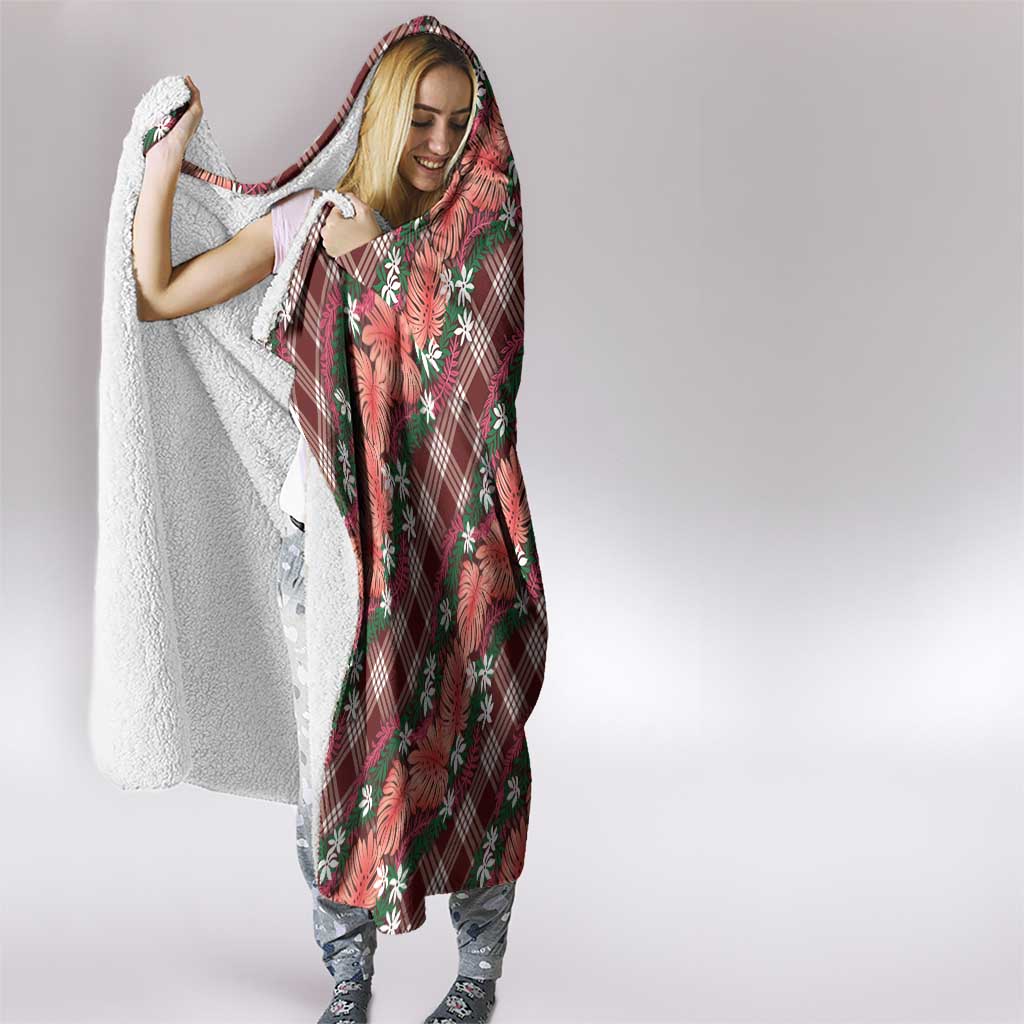 Polynesian Monstera Tiare Floral Hooded Blanket Burgundy Tropical Plaid - Polynesian Pride