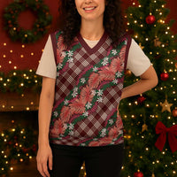 Polynesian Monstera Tiare Floral Christmas Knitted V-Neck Vest Burgundy Tropical Plaid - Polynesian Pride