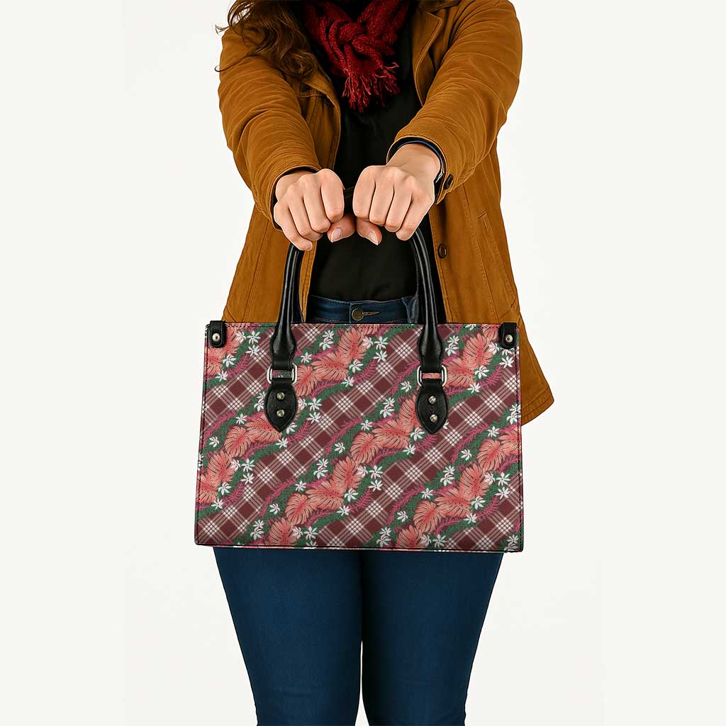 Polynesian Monstera Tiare Floral Leather Bag Burgundy Tropical Plaid - Polynesian Pride