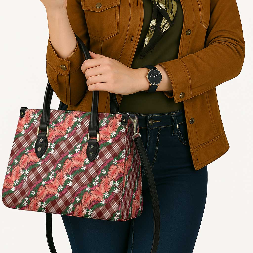 Polynesian Monstera Tiare Floral Leather Bag Burgundy Tropical Plaid - Polynesian Pride