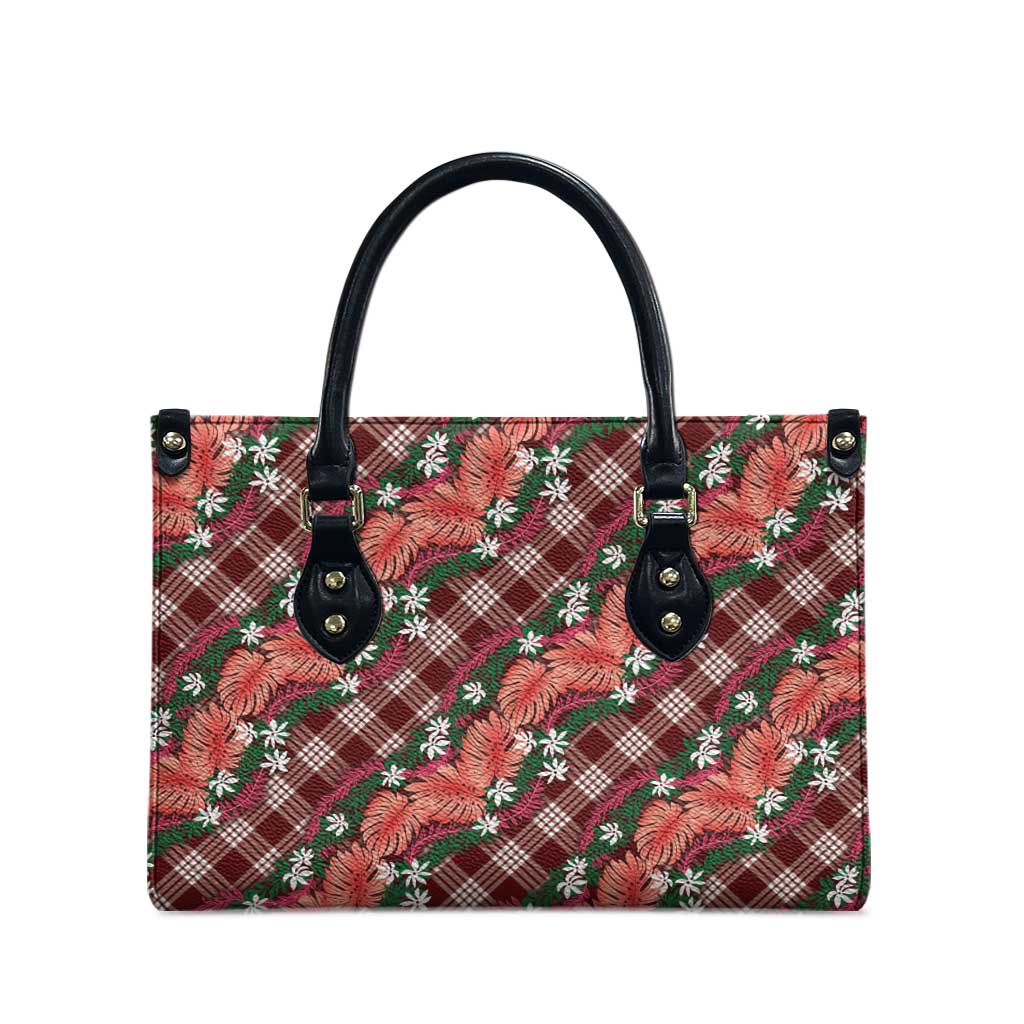 Polynesian Monstera Tiare Floral Leather Bag Burgundy Tropical Plaid - Polynesian Pride