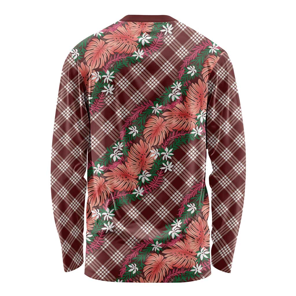 Polynesian Monstera Tiare Floral Long Sleeve Shirt Burgundy Tropical Plaid LT01 - Polynesian Pride