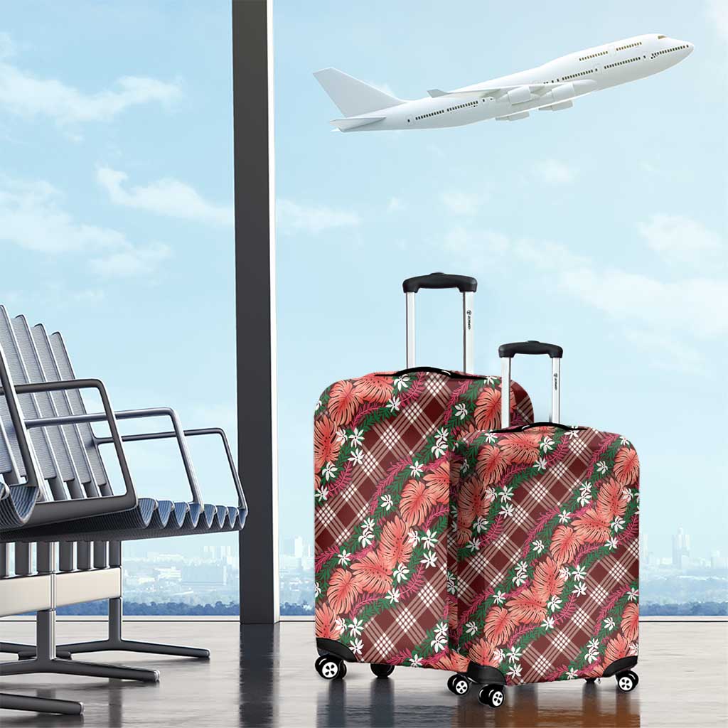 Polynesian Monstera Tiare Floral Luggage Cover Burgundy Tropical Plaid - Polynesian Pride