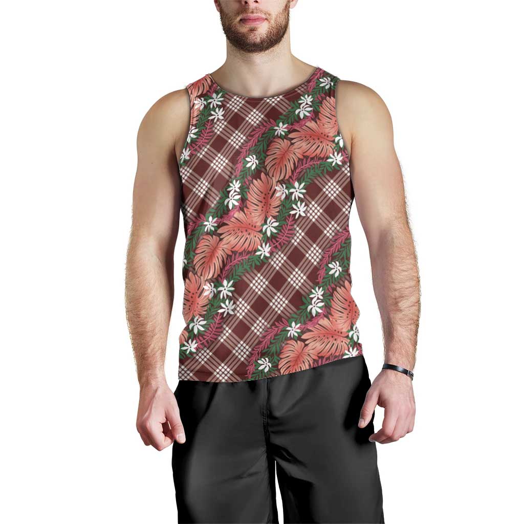 Polynesian Monstera Tiare Floral Men Tank Top Burgundy Tropical Plaid LT01 - Polynesian Pride