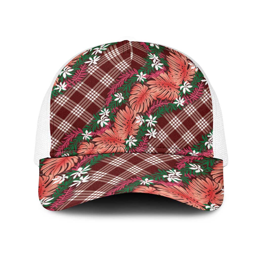 Polynesian Monstera Tiare Floral Mesh Trucker Cap Burgundy Tropical Plaid - Polynesian Pride