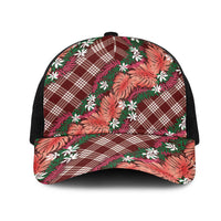 Polynesian Monstera Tiare Floral Mesh Trucker Cap Burgundy Tropical Plaid - Polynesian Pride
