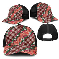 Polynesian Monstera Tiare Floral Mesh Trucker Cap Burgundy Tropical Plaid - Polynesian Pride