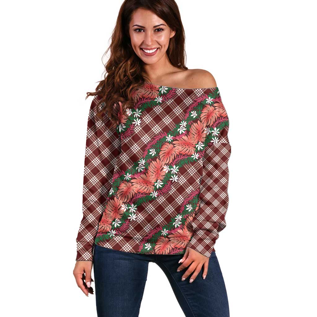 Polynesian Monstera Tiare Floral Off Shoulder Sweater Burgundy Tropical Plaid - Polynesian Pride