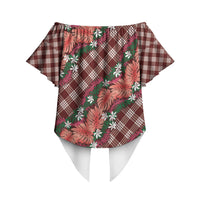 Polynesian Monstera Tiare Floral Off Shoulder Wrap Waist Top Burgundy Tropical Plaid LT01 - Polynesian Pride