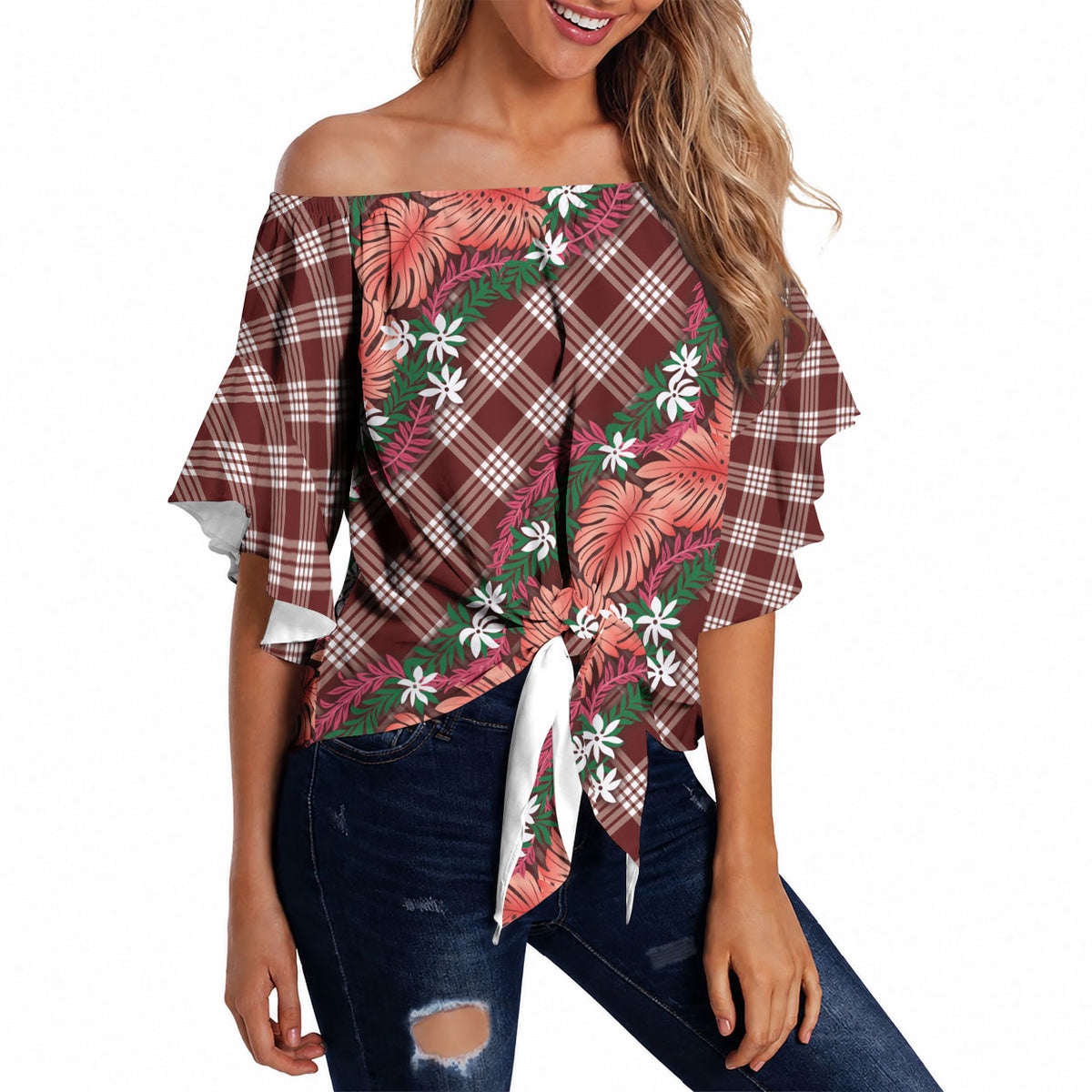 Polynesian Monstera Tiare Floral Off Shoulder Wrap Waist Top Burgundy Tropical Plaid LT01 - Polynesian Pride