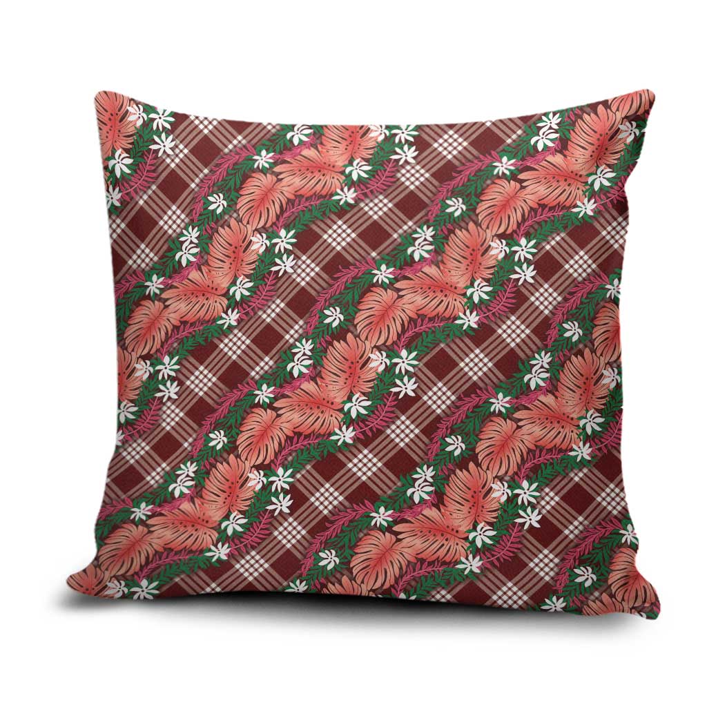 Polynesian Monstera Tiare Floral Pillow Cover Burgundy Tropical Plaid LT01 Red - Polynesian Pride