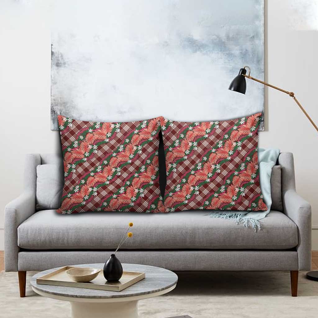 Polynesian Monstera Tiare Floral Pillow Cover Burgundy Tropical Plaid - Polynesian Pride