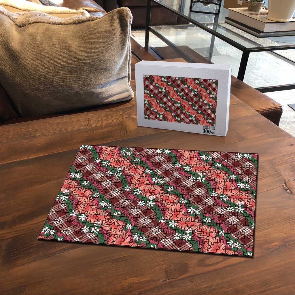 Polynesian Monstera Tiare Floral Puzzle Burgundy Tropical Plaid - Polynesian Pride