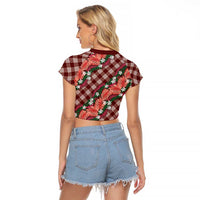 Polynesian Monstera Tiare Floral Raglan Cropped T Shirt Burgundy Tropical Plaid - Polynesian Pride